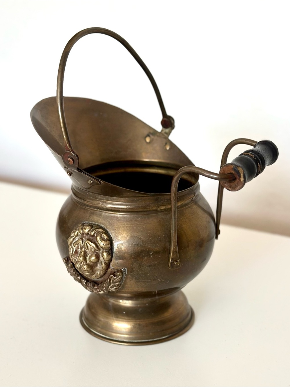 Vintage Brass Coal Bucket Scuttle Lion Head Fireplace Decor Pot